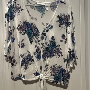 Floral Tie-Front Blouse - White and Blue